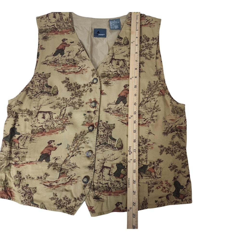 Lizwear Vintage Hunting Toile Vest Tan Rayon Button Front Cinch Back Womens M - Picture 6 of 10